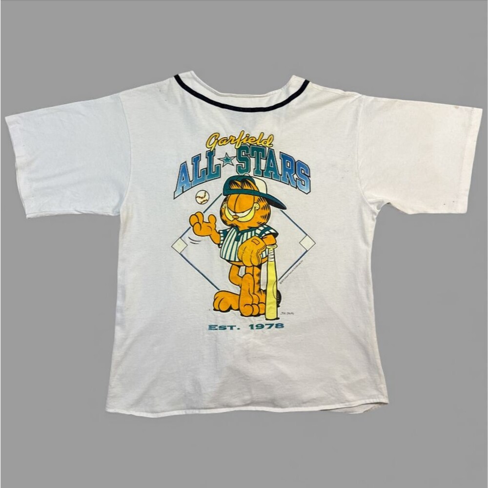 Vintage 70s Garfield Baseball Jersey Button Up Shirt Jim Davis Graphic Sz Lrg
